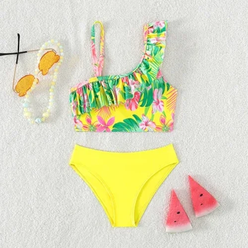 Trẻ Em Mới Của Góc Cạnh Dây Đeo Vai Chia Đồ Bơi Bé Gái In Hình Xù Nhanh Khô Thoáng Khí Đồ Bơi Bikini Mặc Đi Biển
