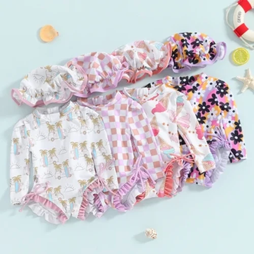 Kasuotang Panglangoy ng Sanggol na Batang Babae na may Sun Hat Beach Wear Rash Guard Swimsuit Toddler Long Sleeve Floral/Ice Cream Print Bathing Suit
