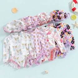 Zwemkleding voor baby's en meisjes met zonnehoed Strandkleding Rash Guard-badpak Peuterbadpak met lange mouwen en bloemen-/ijsprint