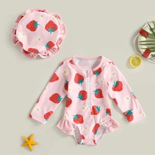 Fato de banho fofo para bebês meninas, manga comprida, estampado com zíper, biquíni com chapéu de natação, roupa de praia