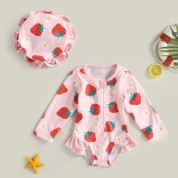 Baju Renang Balita Bayi Gadis Lucu Lengan Panjang Dicetak Zip-Up Baju Renang Bikini dengan Topi Renang Pakaian Pantai