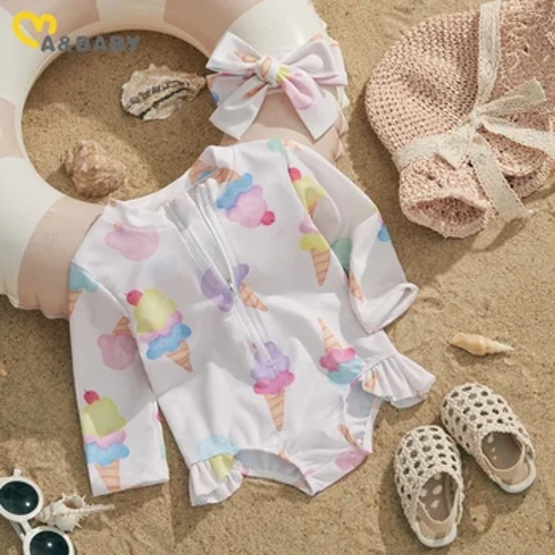 ma&babi 0-24M Babanod Newydd-anedig Babanod Merched Dillad Nofio Cregyn Llewys Hir Swimsuit Swimsuit Hufen Iâ Argraffu Zip Up Siwt Ymdrochi