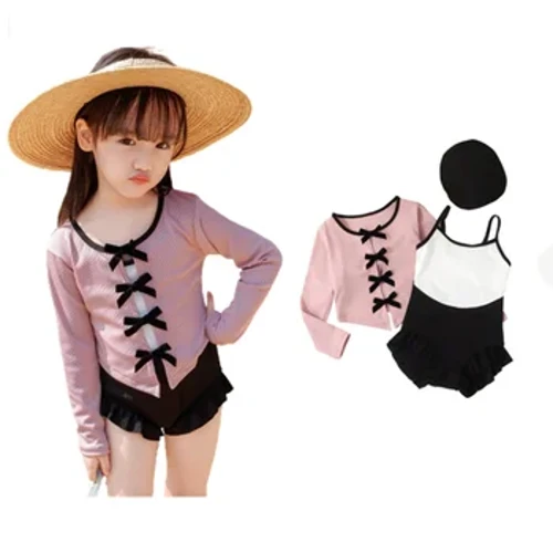 Qizlar uchun yangi suzish kiyimi koreys moda kamon Kichkintoylar uchun suzish kostyumi qora pushti rangdagi mayo shapka to'plami Yozgi bolalar kiyimlari qizlar uchun