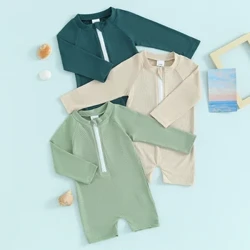 Enfants enfants garçons été maillots de bain Bikinis solide côtelé décontracté fermeture éclair manches longues combinaisons maillots de bain maillots de bain maillots de bain