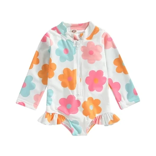 Enfants bébé fille maillots de bain été Floral fermeture éclair manches longues volants combinaison maillots de bain maillots de bain maillots de bain