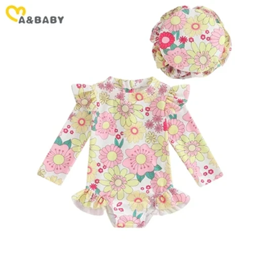 ma&baby 6M-3Y Nyfödd Spädbarn Småbarn Baby Flicka Baddräkt Blommönster Långärmad Dragkedja Badkläder+Hatt Strandkläder Baddräkt