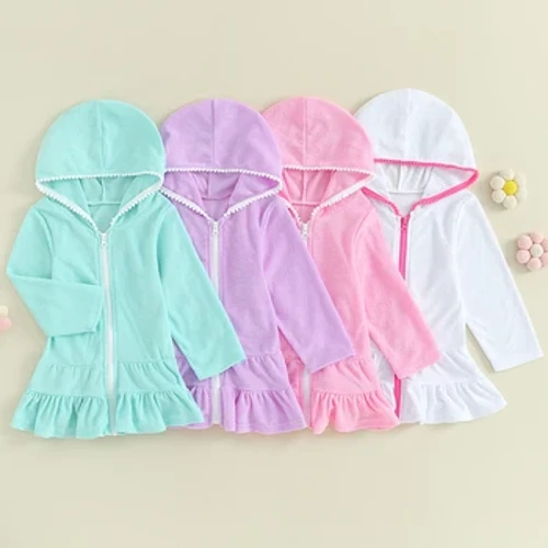2-8Y Barn Flickor Badkläder Klänning Enfärgad Huva Volang Långärmad Strandklänning Barn Bikinitäckningar Baby Beachwear