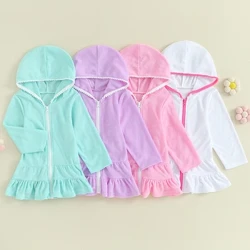 2-8Y Barn Flickor Badkläder Klänning Enfärgad Huva Volang Långärmad Strandklänning Barn Bikinitäckningar Baby Beachwear