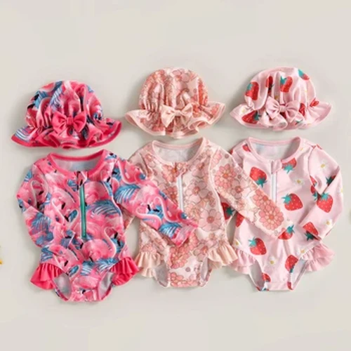 Toddler Girl Rash Guard Baddräkt Långärmad Strawberry Print Baddräkt + Solhatt Sommarbadkläder för 6 månader till 3 år