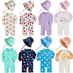 Baju Renang Bayi Perempuan Lengan Panjang Baju Renang Satu Potong untuk Anak-anak Balita Kartun UPF50+ Penjaga Ruam Bayi Baju Renang Korea Set