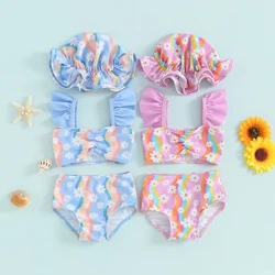Spädbarn Baby Flickor Sommar Bikini Badkläder Set Regnbåge Blommönster Ärmlös Rygglös volangväst+underdel med hatt Strandkläder