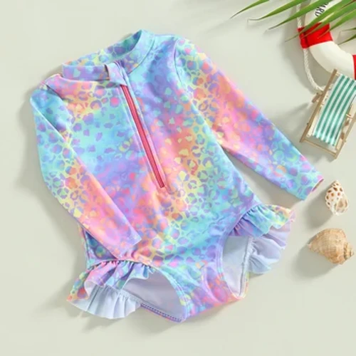 Baby Girl Fish Scale Print fürdőruha 1 részes hosszú ujjú fürdőruha Virágos cipzáras fodros tipegő fürdőruha strandruha