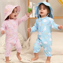 Baju Renang Bayi Satu Potong Baju Renang Anak Laki-laki dengan Topi Matahari UPF50 Perlindungan UV Lengan Panjang Baju Renang Dinosaurus Anak untuk Balita