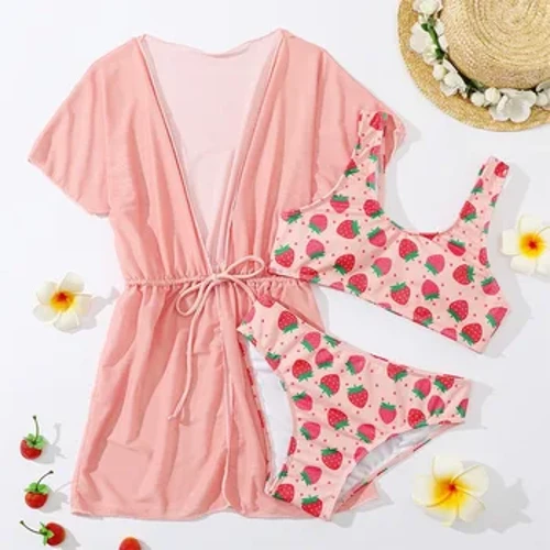 Mga Pambabaeng Swimsuit 3 Pieces Swimwear para sa mga Bata Tag-init 2024 Mga Bathsuit ng Bata Beach Cover-Up Mga Bikini Set na Damit ng Teenager