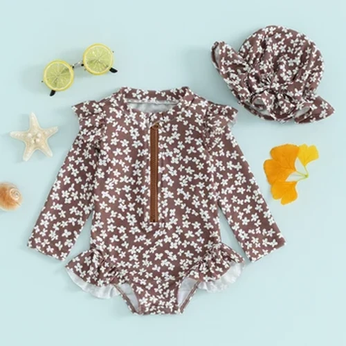 0-3Y Gadis Pakaian Renang Bunga Cetak Lengan Panjang Ritsleting Ruffle Baju Monyet Baju Renang dengan Topi Renang Bayi Pakaian Renang Balita Bikini