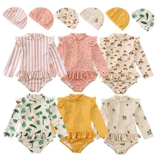 UV Baby Girls Swimsuit Long Swimsuit One Piece Swimwear para sa Kids Toddler Cartoon UPF50+ Rash Guards Infant Bathing suit