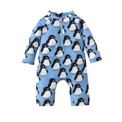 Pakaian Renang Bayi Rash Guard Swimsuit Cute Penguin Print Lengan Panjang Zip Up Bathing Suit Swimwear