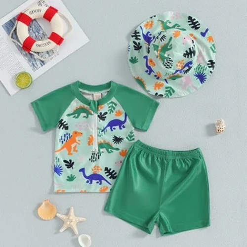 Kid Boys Kolmiosaiset Rash Guard -uimapuvut Lasten lyhythihaiset Dinosaur Topit Shortsit Uimapukusarjat Uimapuku ja aurinkohattu