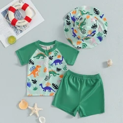 Kid Boys Kolmiosaiset Rash Guard -uimapuvut Lasten lyhythihaiset Dinosaur Topit Shortsit Uimapukusarjat Uimapuku ja aurinkohattu