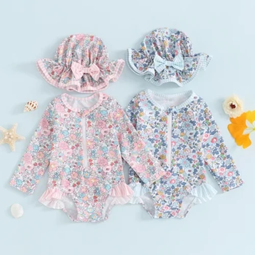 Zomer Baby Meisje Bloemen Rash Guard Badmode met Strik Zonnehoed Badpak met lange mouwen Peuter Badpakken 0-3 jaar