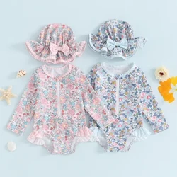 Costume da bagno estivo per bambina con protezione floreale e cappello da sole con fiocco, costume da bagno a maniche lunghe, costumi da bagno per bambini 0-3 anni
