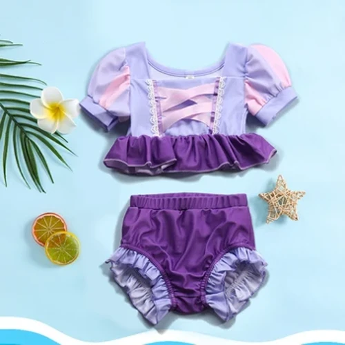 2 Pcs Baju Renang untuk Bayi Perempuan Musim Panas Pakaian Renang Ruffles Baju Renang Rapunzel Bengkak Lengan Salju Putih Anak-anak Baju Renang Set Musim Panas