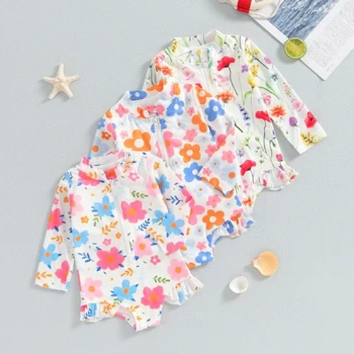 Barn Barnkläder Baby Girl Utslag Guard Baddräkter Sommar Blommönster Dragkedja Långärmade Badkläder Baddräkter Strandkläder