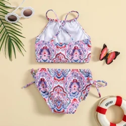 Sommar Barn tryckta Bikinitoppar Kalsonger Baby Girls Halter Crop Bikini Badkläder Baddräkt Kjol Badkläder Baby Kid Baddräkt