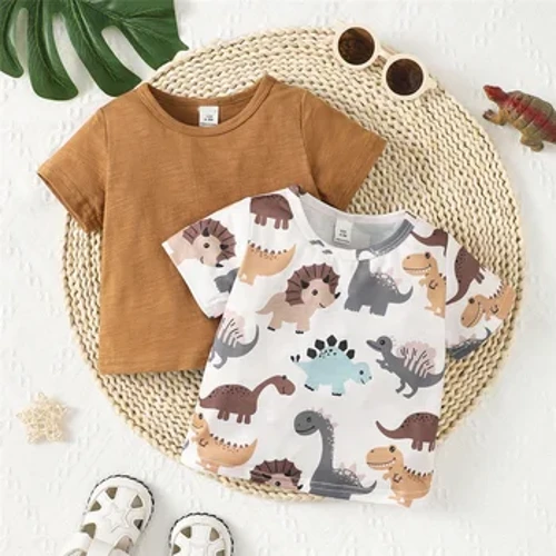 2 Pcs Musim Panas Top Bayi Laki-laki Bayi Lucu Dinosaurus Cetak Lengan Pendek Kaos Kasual Pakaian untuk Balita Laki-laki 1-3 Tahun