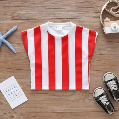 Sommer Ny T-skjorte for barn Kortermet Vertical Stripe Baby Topp Bomull Barneklær