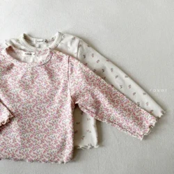 2024 Musim Semi Baru Bayi Perempuan Lengan Panjang Katun Atasan Bayi Gadis Lucu Floral Bottoming Kemeja Balita Kasual Pakaian Serbaguna