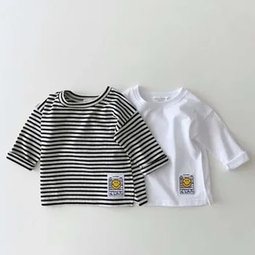 9297 Crys T Babi Ins Corea Wyneb Gwenu Syml Crys T Achlysurol Hydref Gaeaf 2021 Crys Bôn Bachgen Crys T Merch 0-3 blynedd