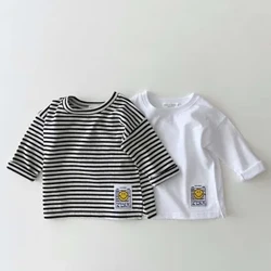 9297 coreano ins bebê t camisa simples rosto sorridente casual camiseta outono inverno 2021 menino camisa de fundo 0-3year menina t camisa