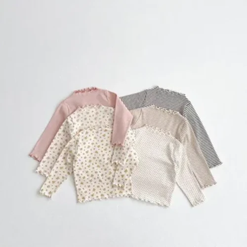 MiniAinis Thu Đông Cho Bé Gỗ Tai Edge Áo Thun Nữ Tay Dài Bé Gái Cotton Trượt Tuyết Phù Hợp Với Cô Gái Lớp Lót Đa Năng Top Quần Áo Trẻ Em
