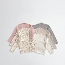 MiniAinis Höst Vinter Baby Trä Öronkant Långärmad T-shirt Flickor Skiddräkt i bomull Flickunderlag Mångsidig topp Barnkläder