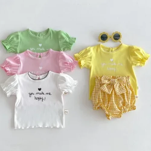 T-léinte do Chailíní Nuabheirthe Barraí Muinchille Samhraidh do Pháistí Dath Soladach Leanaí Faisean Ruffle Tops Tees Tees Outfits Éadaí