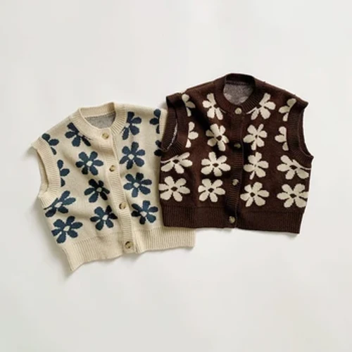 Mùa Thu Cho Bé Đan Áo Retro Hoa Không Tay May Trẻ Em Cardigan Cho Bé Gái Áo Len Bé Trai Trẻ Em Quần Áo Thời Trang Quần Áo Cho Bé
