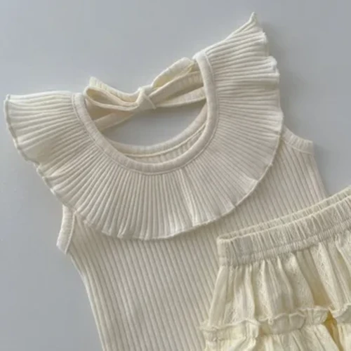 Bé Áo Mùa Hè Trẻ Sơ Sinh Quần Short Cotton Hở Lưng Không Tay Xù Cổ Top Sơ Sinh Bé Gái Công Chúa Quần Áo