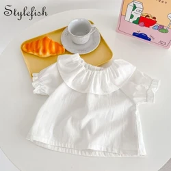 T-shirt per bambini, nuova tendenza estiva per ragazzi e ragazze, versatile camicia a maniche corte con colletto a volant, top bianco stile versatile