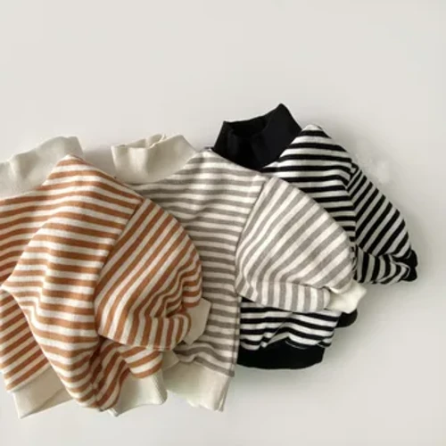 Babaí Cailíní Striped Tops 2024 Fómhar Geimhreadh Páistí Nua Tiubh Geansaí Ard-mhuineál Te Cotton Éadaí Lapadán Buachaillí Tees