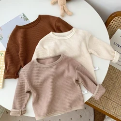 Phong Cách Hàn Quốc Mùa Xuân, Mùa Thu Tập Đi Cho Bé Trai Bé Gái Áo Thun Bánh Waffle Cotton Màu Trơn Áo Thun Dài Tay Trẻ Sơ Sinh Áo Chui Đầu Hàng Đầu