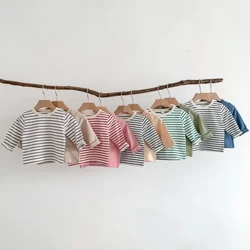 Infantil casual sólido topos meninos simples listrado mangas compridas camiseta o-pescoço pulôver camisa de fundo meninas algodão undershirt