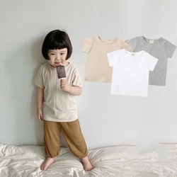 2024 Musim Panas Baru Anak Laki-laki Kaos Katun Baru Lahir Warna Solid Atasan untuk Anak Perempuan Lengan Pendek Anak Balita Tee Pakaian Bayi