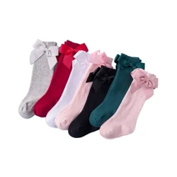 Bé Gái Cotton Dài Tất Màu Nơ To Đầu Gối Cao Cấp Vớ Dễ Thương Lacework Công Chúa Giữ Nhiệt Tầng Trơn