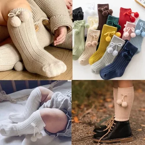 Calzini alti al ginocchio con pallina di ciliegia per neonate Calzini da principessa stile britannico per bambini Calzini da principessa lavorati a maglia per neonati 0-4 anni