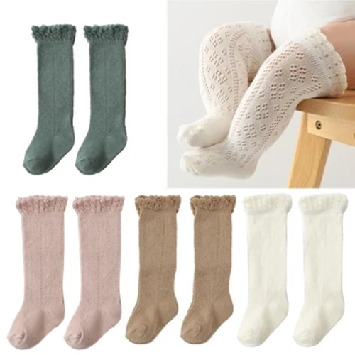 F62D Calzini estivi per bambini Calzini alti al ginocchio per bambini Calze lunghe scavate per bambini piccoli Scaldamuscoli elastici per bambini 0-3 anni