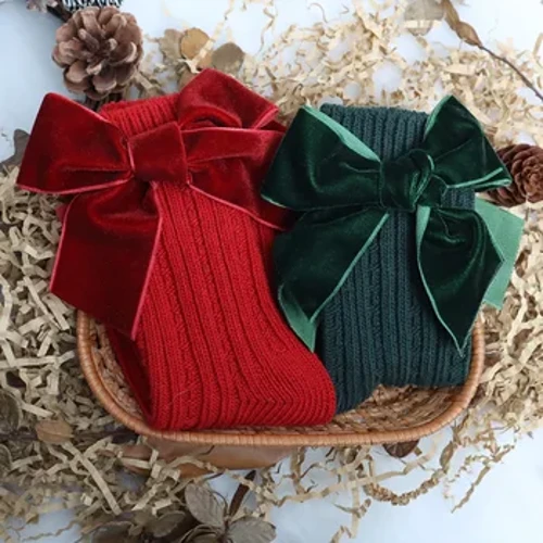 Bé Gái Cao Đến Đầu Gối Tất Trẻ Em Cotton Nơ Lớn Giáng Sinh Tất Chắc Chắn Len Bao Tay Chân Bé Gái Tập Đi Mềm Tất Dài dành Cho Trẻ Em