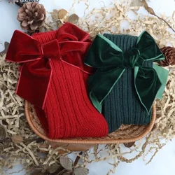 Baby Meedercher Knéi Héich Socken Kanner Koteng Grouss Bogen Chrëschtsock Solid Woolen Been Warmers Meedchen Puppelcher Soft Lang Socken Fir Kanner
