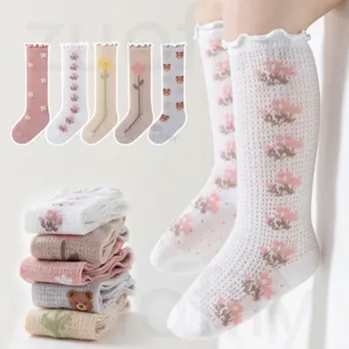 Sơ Sinh Bé Gái In Tất Mùa Hè Trẻ Sơ Sinh Cotton Đầu Gối Cao Tất Cho 0-5Y Lưới Ren Thoáng Khí Trẻ Em Giữ Ấm Chân sokken