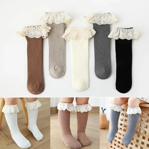 Calcetines hasta la rodilla para niñas pequeñas, calcetines largos de algodón suave con encaje para niños, calcetines de princesa con volantes para niños de 0 a 8 años, calentadores de piernas, calcetines bonitos para niñas